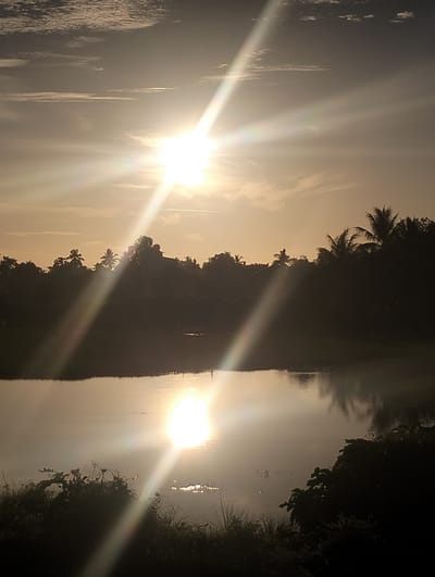 The image depicts a body of water, possibly a lake or large pond, reflecting the sun. The sun is high in the sky, causing significant glare. Silhouetted trees and foliage line the horizon and the foreground of the image. The location may be Rawasari, Indonesia. No people are visible.