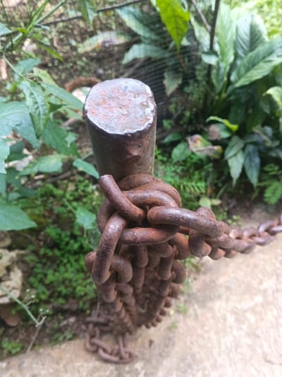 The image displays a close-up, eye-level view of a heavily rusted cylindrical metal pole and chain in an outdoor setting in Kon Tum, Vietnam. The vertical pole, dark brown with extensive surface corrosion and pitting, has an unevenly cut, flattened top surface showing concentric wear patterns and oxidation. Wrapped around the pole, approximately one-third down from its top, is a thick, multi-linked metal chain, also heavily rusted and dark reddish-brown. The chain extends horizontally out of frame to the right, with a portion hanging downwards towards the ground. The background features dense, lush green foliage comprising various plant species, some with broad leaves and others with smaller, finer greenery, appearing somewhat blurred. To the upper right, a dark mesh or fence structure is partially visible through the leaves. The foreground consists of a light grey concrete or paved surface, showing some texture and dampness. No people, actions, or interactions are present.