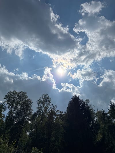 The image shows a view of the sky with clouds and trees in the foreground. The sun is visible through a gap in the clouds, casting rays of light. The trees appear to be in a forest or park setting, with dense foliage and varied heights. The sky is a mix of blue and grey, with dramatic cloud formations. The overall impression is of a natural outdoor scene, possibly taken on a partly cloudy day. The location is identified as Bad Hersfeld, Germany.