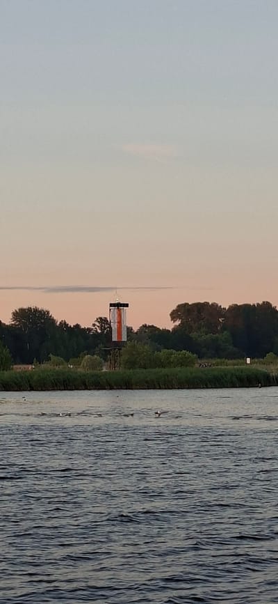 This is a photograph taken from a body of water, likely a river or bay, looking towards a shoreline at sunset. The sky is a soft gradient of pale blue to pink. On the shore, a navigational marker or small tower stands prominently. This marker is a metal structure supporting a white box with orange vertical stripes. A light is visible at the top of the marker. Behind the marker, a dense line of green trees and vegetation forms the background. In the foreground, the dark blue water has ripples, and several birds, likely gulls, are scattered on the surface and in the air. The scene suggests a tranquil, natural setting at dusk.