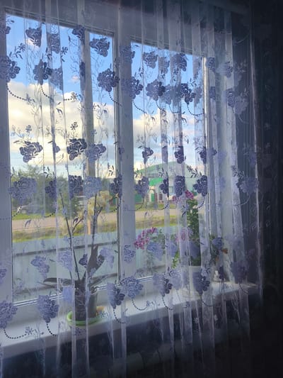 A photograph captures a view through a sheer, white lace curtain with a floral pattern of dark blue flowers. The curtain is hanging in front of a window, partially obscuring the scene outside. Through the curtain, a bright blue sky with scattered white clouds is visible, suggesting it is daytime. Sunlight appears to be shining, creating a bright and somewhat hazy atmosphere.

Beyond the window, the scene depicts an outdoor environment. In the middle ground, there are buildings, including what appears to be a green-roofed structure and industrial-looking buildings in the distance. Trees and foliage are also visible, suggesting a suburban or rural setting. A road or pathway runs horizontally across the middle ground.

On the windowsill inside, several potted plants are present. One plant has yellow flowers, and another has pink flowers. These plants add a touch of domesticity to the scene.

The overall mood is calm and serene, with the diffused light filtering through the curtain creating a soft aesthetic. The time of day is likely morning or afternoon, given the brightness of the sky. The location cues suggest an outdoor environment in Burayevo, Russia, with a mix of residential and possibly industrial elements. There is no visible text in the image.