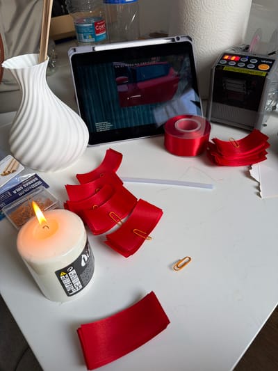 A top-down view captures a cluttered white tabletop, suggesting an active workspace or crafting area. Dominating the scene are several red satin ribbons: a full roll on the left, and numerous pre-cut, folded pieces, each secured with an orange paper clip, scattered towards the center and right.

Adjacent to the ribbon roll is a digital tablet displaying a video. Spanish text "EN EL PRÓXIMO CAPÍTULO" (In the next chapter) is visible, along with a list of names including "MARIA DE NATI," "ALBERTO BERZAL," "MARCOS RUIZ," and "PILAR MATAS." Next to the tablet, a VEVOR electronic tape dispenser shows a digital reading "A B" and "8", with "START" on an orange button and warning text in English. A roll of paper towels is partially visible behind it.

Towards the bottom right, a lit white pillar candle casts a warm glow, positioned near a transparent plastic box filled with small, gold-colored paper clips. A package labeled "CRIS COLOR BARRAS COLA" (Cris Color Glue Sticks) is underneath. To the left of the candle is a white, wavy-textured decorative vase or sculpture. Other items include a transparent plastic water bottle, a white plastic rod, and a lone orange paper clip on the pristine white surface.

The arrangement of ribbons, glue sticks, and clips suggests a craft or DIY project is underway. The Spanish text on the tablet and glue stick package, along with the "CORTE" visible on the water bottle (likely part of a Spanish brand name), aligns with the Burjassot, Spain context. No specific time of day or emotions are discernable from the indoor setting.