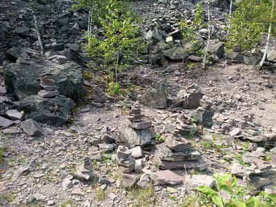The image depicts a rocky, overgrown quarry in Assy, Russia, with several cairns (piles of stones) scattered throughout. The quarry floor is covered in loose rocks and debris of varying sizes, primarily dark gray and reddish-brown. Sparse green vegetation, including small trees with light bark and leafy bushes, grows among the rocks. In the foreground, several cairns are visible, constructed from flat, layered stones. One prominent cairn in the center is built on a larger, dark gray boulder. The background consists of a steep, rocky incline. The lighting suggests a sunny day. A timestamp "25.07.2020 14:18" is visible in the lower right corner. There are no people or animals present.