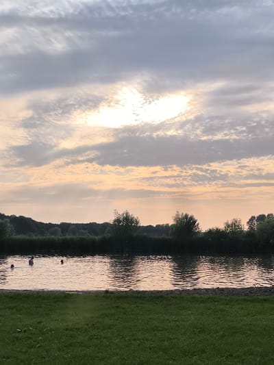 In Broek op Langedijk, Netherlands, a group of people are swimming in a body of water as the sun sets. The sky is filled with dramatic clouds, tinged with hues of orange and pink from the setting sun. The sun itself is partially obscured by the clouds, creating a diffused glow. The water reflects the colors of the sky and is rippled by the movement of the swimmers. A line of trees forms a dark silhouette against the horizon. In the foreground, a patch of green grass stretches across the bottom of the frame. The scene is serene and peaceful, capturing a moment of leisure on a summer evening.