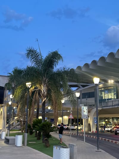 The image depicts an outdoor scene at dusk, likely at an airport, given the architecture and the presence of parked cars and signage. Palm trees are prominently featured in the foreground, with one large palm tree illuminated by a streetlamp. A person in a dark t-shirt and shorts stands on the sidewalk, facing away from the camera and appearing to take a photo. Further down the sidewalk, several other parked cars are visible, along with more streetlights and a modern building with a distinctive curved roofline. The sky is a deep blue with scattered clouds.
The presence of signage indicating "Rent a Car" and a parking symbol suggests the location is near an airport rental car area or a public parking facility. The architectural style of the building, with its wide, arched overhangs, is characteristic of many modern airport terminals. The overall impression is of a transportation hub in an urban setting, likely in a warm climate given the palm trees. While not explicitly shown, the context suggests this scene is located in or near the city of Manises, Spain, which is home to Valencia Airport (VLC).