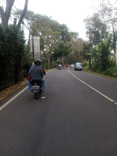 The image captures a road scene from the rear perspective of a moving motorcycle. The motorcycle bears an Indonesian license plate, "F 2529 MAG," with an expiration date of "04.27," indicating the location is in Indonesia, not Sat Thay (East), Myanmar. The rear passenger is wearing a dark helmet, a light blue denim jacket, blue jeans, and brown sandals, with a red shoulder bag slung over their left shoulder. The driver is partially obscured.
The paved, two-lane road is dark gray asphalt, featuring a solid white line along the left edge and a broken yellow line marking the center. The road curves slightly to the right in the midground. Ahead, multiple vehicles are visible: two motorcycles, each carrying several riders, are on the left side of the road, and several cars, including a light blue van, are further ahead.
Dense, green vegetation lines both sides of the road. On the left, tall trees with dark foliage and a light-colored concrete structure (possibly a utility pole) are present. On the right, similar trees and large-leafed plants, resembling banana plants, are visible. The sky overhead is uniformly bright white, indicating overcast conditions.