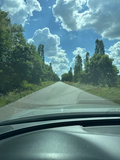 A first-person perspective shot from inside a vehicle shows a paved road disappearing into the distance, lined by dense green trees and foliage. The sky is a bright blue, dotted with large, fluffy white clouds. The dashboard of the vehicle is visible in the foreground. This scene is located on a road in the village of Dovhe, Ukraine.