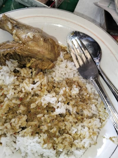 A close-up shot reveals a plate of food, primarily consisting of white rice heavily coated with a dark, savory sauce. A piece of cooked chicken, with a visible bone, rests atop the rice. A silver fork and spoon lie together on the right side of the plate. The background is slightly blurred, showing hints of green and white objects. The dish appears to be a traditional meal.