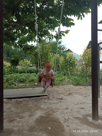 The media file shows a young child on a swing in what appears to be a backyard or garden setting. The child, wearing a light-colored t-shirt and pink pants with blue and white striped socks, is smiling and seems to be enjoying the swing. The swing itself is made of wood and suspended by ropes from a tree branch and a metal frame.
The background reveals a lush garden with various plants and trees, and a house with a green roof in the distance. The ground is dusty and uneven, with some corrugated sheets laid out. Two large metal posts frame the scene, suggesting some kind of structure or play area.
The time of day is indicated by the visible text "30.06.2026 20:04", suggesting it is early evening. The weather appears to be cloudy but bright. The overall atmosphere is one of a peaceful, domestic scene, with the child's joy being a central element. The location cues, such as the vegetation and the style of the house, are consistent with a rural or suburban environment in Kyrgyzstan.