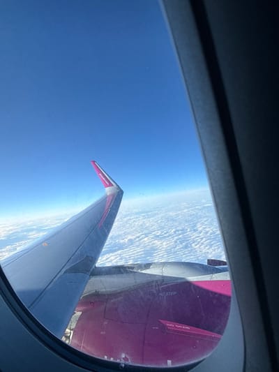 The image displays an aerial view captured from inside an aircraft through a passenger window. The visible aircraft components include the leading edge of a gray wing, which features a magenta-colored wingtip (sharklet) marked with "wizzair.com" in white text. Below the wing, a section of a magenta-colored engine nacelle is visible, marked with stenciled warnings such as "NO STEP" and "NO GRAB." The window frame, dark and curved, partially obscures the right side of the view. Outside the aircraft, a clear, bright blue sky occupies the upper portion of the frame, extending above a vast, continuous layer of white, textured clouds that blankets the environment below the aircraft to the horizon. The scene is illuminated by daylight. Due to the high altitude and complete cloud cover, no ground features are discernible, and therefore, the specific geographic location of Cajetina Municipality, Serbia, cannot be identified from this visual evidence.