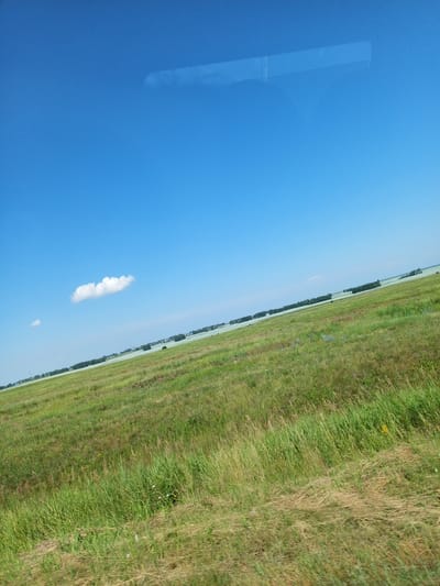 The image shows a bright blue sky with a few scattered clouds. A large expanse of green grass fields extends towards the horizon. In the distance, there appears to be a body of water, possibly a lake or river, lined with trees. The scene is captured from a slightly elevated perspective, giving a sense of openness and natural landscape. The photo was taken from a moving vehicle, as evidenced by the slight blur and the diagonal tilt of the image. There are no people or man-made structures visible in the immediate foreground, suggesting a rural or natural setting. The location is specified as Бөрлі, Kazakhstan.