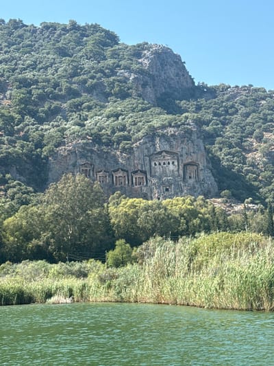 This is a vertical, eye-level, medium shot of ancient Lycian rock tombs carved into a cliff face overlooking a body of green water. The tombs are set high up on the cliff and are arranged in rows. They are elaborate, with sculpted facades resembling buildings. Dense green foliage covers the rest of the cliff face and extends down towards the water's edge, where tall reeds grow. The sky above is clear and blue, indicating a sunny day, likely in the late morning or early afternoon due to the brightness of the light. The water's surface is rippled, suggesting a gentle breeze. The scene evokes a sense of history and natural beauty, with the ancient man-made structures harmonizing with the rugged landscape. The image was taken in Ortaca, Turkey. No people or text are visible.