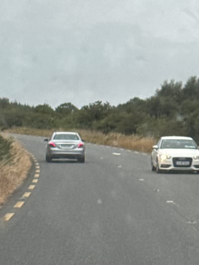Two cars are traveling on a wet, gray, asphalt road in Gorey, Ireland. The road is bordered by dry, yellow grass and a dense line of dark green trees. The sky is overcast and a light gray color.
In the foreground, a white Audi is traveling away from the camera on the right side of the road. The car's headlights are illuminated. Its license plate is partially visible, showing the letters "AU14" in black lettering on a white background.
Further down the road, a silver Mercedes-Benz is traveling away from the camera on the left side of the road. Its taillights are illuminated, and its license plate is not visible.