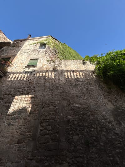 The image shows a low-angle view of an old stone building with a clear blue sky above. The building is covered in ivy in some areas, and has two windows with green shutters. A balcony with plants is visible on the left. Sunlight casts shadows on the textured stone wall. The scene is likely located in the historic center of Girona, Spain, known for its medieval architecture and winding streets. A small bird is visible in the sky.
