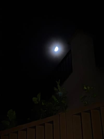 The image captures a nighttime outdoor scene, looking upwards towards a building structure. A bright, intensely glowing, half-moon shaped light source is prominent on the left side of the frame, emitting a strong halo that illuminates the immediate dark surroundings. To the right, architectural elements are visible, including a dark roof eave or overhang extending diagonally from the upper center, and a section of a building facade with horizontal siding on the far right. Dark green foliage, consisting of leaves and branches, is sparsely visible in the middle and upper right sections, appearing mostly silhouetted against the dark sky, with some subtle glints of light. The scene is static, devoid of any discernible activity or individuals. The time of day is clearly night, with no specific weather details discernable beyond the clear visibility of the light source. There is no visible text in the image. The location context is Beausoleil, France.