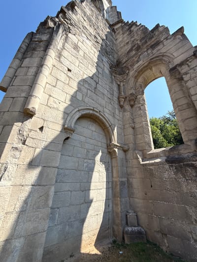 The image shows a close-up, low-angle view of the ruins of the Walkenried Abbey in Walkenried, Germany. The perspective emphasizes the weathered stone construction of a partially standing wall, with large, roughly cut blocks forming the structure. A significant portion of the wall is missing, exposing the clear blue sky and some green foliage in the background through two arched openings. One opening is a large, grand arch, while a smaller, more complete arched niche is visible on the left side of the wall. A distinct shadow, cast by an unseen object, stretches across the stone surface, highlighting the texture and contours of the stonework. The light is bright, suggesting a sunny day. The ruins appear to be ancient, with signs of erosion and age visible on the stone. There are no people or animals present in the image. The ground beneath the wall shows sparse dry grass and some debris. The overall impression is one of historical decay and architectural grandeur.
