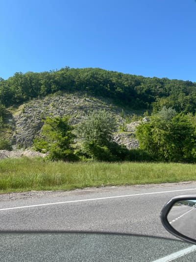 The image depicts a bright, sunny outdoor scene captured from the perspective of a moving vehicle. On the left side, a steep, densely forested hillside rises sharply, covered primarily with lush green deciduous trees. Interspersed among the foliage are areas of exposed grey rock, characteristic of a mountainous or hilly terrain. A clear, vibrant blue sky occupies the upper portion of the scene, stretching above the tree line. To the right of the hillside, a narrow strip of vibrant green grass borders a paved asphalt road. The road surface is dark grey with visible aggregate, featuring a distinct solid white line running along its right edge. In the upper right corner of the frame, the black casing of a car's side-view mirror is visible, its reflective surface showing a blurred image of the road extending behind the vehicle. A portion of the car's window frame is also present. The scene suggests a pleasant day with abundant sunlight, likely midday or early afternoon. No text is visible in the image. The setting is consistent with a scenic drive through a natural landscape, located in Novomikhaylovsky, Russia.