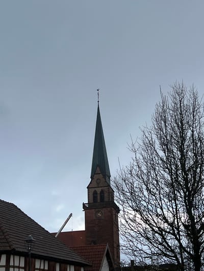 The image displays a church in Meistratzheim, France, under an overcast, light gray sky. The central subject is the church's bell tower, constructed of reddish-brown stone, featuring a tall, pointed, dark green spire. A rooster-shaped weathervane tops the spire. Below the spire, the tower contains a belfry section with two arched openings and a visible circular clock face. A narrow balcony or ledge is present beneath the belfry. To the right, a leafless deciduous tree with a dense arrangement of dark branches partially obscures the church tower and a portion of the sky. In the lower-left, a section of a building with a brown tiled roof and visible white and dark half-timbered framing is present, along with a dark lamppost. Between this building and the church tower, a light-colored, elongated structure consistent with a crane boom extends upwards from behind a reddish-brown tiled roof, with a thin cable descending from it. No individuals are visible in the scene.