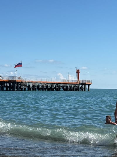 In the city of Adlerskiy, Russia, a man is swimming in the ocean. He is partially submerged in the water, with his head and shoulders visible. The water is blue and choppy, with small waves breaking near the shore. In the background, a pier extends out into the sea. The pier is made of dark wood and has an orange railing. A Russian flag flies from a pole on the pier. A red lighthouse-like structure is also visible on the pier. The sky is blue with a few scattered clouds.