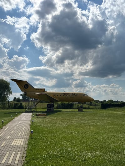 In Zavalivka, Ukraine, a bright yellow airplane, identified by the registration "UR-87961" and the text "Yellow Plane" on its fuselage, is parked on a grassy field under a partly cloudy sky. The aircraft is elevated on supports. A paved walkway with yellow markings, resembling a runway, leads towards a set of stairs that provide access to the plane. Small, round blue and yellow lights are positioned along the side of the walkway. A yellow sign with Ukrainian text is visible near the walkway. The surrounding environment consists of lush green grass dotted with small white flowers and trees in the background. The scene appears to be an outdoor attraction or a display.