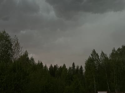 The image shows a landscape in Verkhnii Myrtyiu, Russia, featuring a dense forest under a heavy, overcast sky. The trees, predominantly deciduous with some evergreens mixed in, fill the lower half of the frame. The sky, taking up the upper half, is covered in dark gray storm clouds, suggesting impending rain or a recent storm. The scene is dimly lit due to the cloud cover. A small structure or object is visible at the bottom right corner, partially obscured by the trees. There are no people visible in the image.
