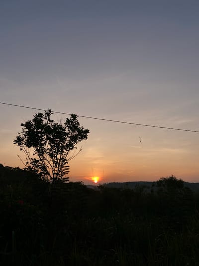 The image shows a sunset in a rural location. A silhouette of trees and foliage is visible in the foreground. A power line stretches across the upper left. The sky is a gradient of blue to orange. The sun is setting over a distant hill or mountain. The exact location in Sosial, Indonesia cannot be determined from the image.