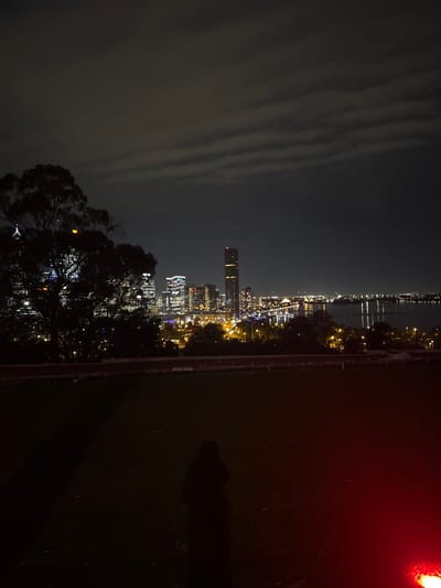 At night, a cityscape gleams with illuminated buildings, viewed from an elevated position in Kings Park, Australia. The city skyline is punctuated by a tall building. In the foreground, a dark tree silhouette frames the lower left corner. To the right, a grassy area is illuminated by a red light. The sky above the city is dark, with a few clouds.
