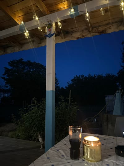 An outdoor patio area with a wooden roof, illuminated by string lights, faces a dark blue twilight sky. In the foreground, a table is set with a glass of dark liquid, a lit golden candle in a ribbed holder, and a black object. To the left, a cat peeks out from behind dense green bushes. A white support pillar with a blue band bisects the scene vertically. In the background, silhouetted trees and a grey industrial water tank are visible. The location is identified as Salmanovo, Bulgaria.