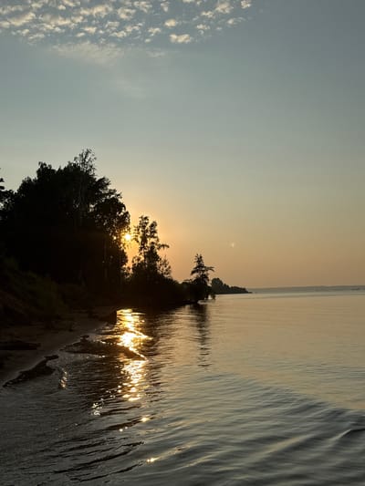 This is a photograph of a serene lakefront scene at sunrise, located in Vekoshinka, Russia. The sun is low on the horizon, casting a warm golden glow across the water and silhouetting the trees on the left bank. Wispy clouds dot the pale blue sky. Gentle waves lap at the sandy shore, where scattered debris can be seen. The water reflects the sunlight in a shimmering path, creating a sense of peace and tranquility. No people are visible in the image.