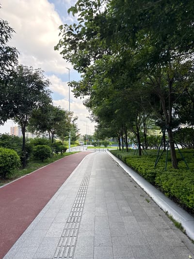 The image depicts a pedestrian walkway with a red running track to its left. The walkway is paved with grey granite tiles, featuring tactile paving for the visually impaired. A row of manicured green bushes lines the right side of the walkway, separating it from a street with trees. The trees, with lush green foliage, are planted along the green space. In the background, several modern buildings are visible. The sky is partially cloudy, with patches of blue. This scene is located in the Haizhu District of China. No people are visible in the image.