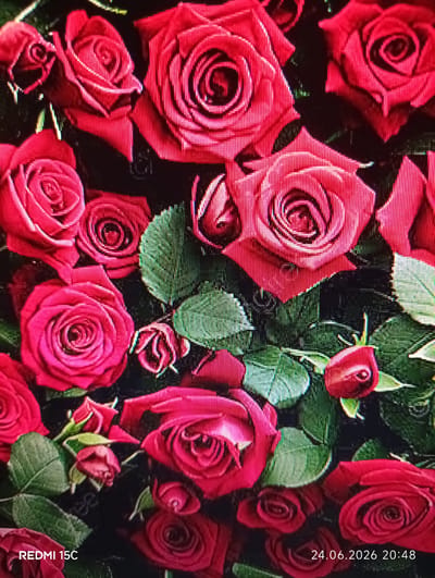 This media file is a close-up, top-down photograph of a bouquet of vibrant red roses. The roses are in various stages of bloom, with some fully open and others still budding. Their petals are deep red, with subtle variations in shade. Green leaves are interspersed among the flowers, adding a contrasting color. The background is predominantly black, making the red of the roses stand out even more. The image appears to have been taken indoors, possibly as a still life or a detail shot of a floral arrangement. There is no discernible time of day or weather information.
Visible text in the image includes "REDMI 15C" in the lower left corner and "24.06.2026 20:48" in the lower right corner. The date appears to be in the future, and "REDMI 15C" likely indicates the device used to capture the image. The overall impression is one of beauty and a focus on the rich textures and colors of the roses.