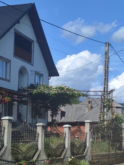 The image depicts a street view in Petrova, Romania, on a sunny day with scattered clouds. In the foreground, a black metal fence with decorative finials and concrete posts lines the property. Behind the fence, a white building with a dark pitched roof and an arched entryway is visible. A trellis covered in green foliage and white flowers extends from the building. Further back, a neighboring house with a gray corrugated roof and a brick facade is seen. A utility pole with numerous electrical wires stands to the right of the frame, against the bright blue sky. The scene appears to be a residential area with a rustic charm.