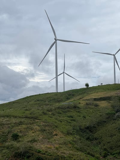 The image shows a wind farm located in Trường Thọ, Vietnam. Three wind turbines stand prominently against a cloudy sky. The turbines are situated on a grassy hillside, with the land sloping upwards towards the right of the frame. The terrain is covered in lush green vegetation. A few scattered trees punctuate the landscape. Overhead power lines are visible stretching across the hillside.