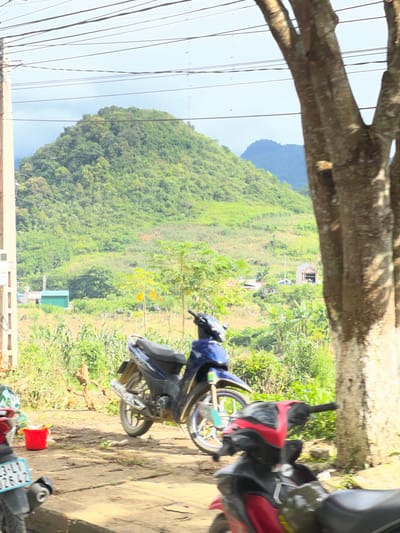 The image depicts a rural roadside scene in Quản Bạ Commune, Vietnam, characterized by lush green mountainous terrain in the background. In the foreground, two motorcycles are parked. The motorcycle on the left is blue and black, with its license plate visible as "33-LI 026.42". A red bucket sits on the ground near it. To the right, a red and black motorcycle is partially visible. Beyond the motorcycles, a dirt road or path leads into an area with various foliage, including corn stalks and banana trees. A bright green structure, possibly a small building or shed, is visible in the mid-ground to the left, alongside a utility pole with multiple wires. In the distance, the hilly landscape is covered in dense vegetation, with some evidence of terraced farming or cultivation. The sky is bright and appears to be clear. A large tree trunk is prominent on the right side of the image, partially obscuring the view of the landscape.