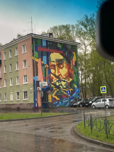 The image captures an apartment building in Usolye-Sibirskoye, Russia, adorned with a large mural. The mural depicts a stylized portrait in shades of brown, yellow, blue, and green. A street sign with a pedestrian crossing symbol is affixed to the building, and a "P" parking sign is visible above it. A street sign with a "DANGER" sign is seen near a row of parked cars, which are predominantly silver and black. The apartment building has multiple floors with rectangular windows. The building's facade is painted in alternating sections of pink and green. A television antenna is visible on the building's roof. The environment is wet, with reflections visible on the pavement, suggesting it has recently rained. A small grassy area lines the street, and trees with green foliage are visible in the background. The image appears to be taken from inside a vehicle.