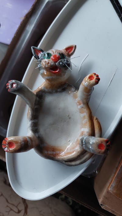 A ceramic cat figurine is positioned on a white, oval-shaped tray. The figurine depicts a stylized cat with a rounded body, outstretched limbs, and a painted facial expression featuring green eyes, a red nose, and an open mouth. The cat has a marbled pattern of brown and white, with gray accents on its paws and ears, and red circular markings on its paw pads. The tray itself appears to be made of plastic and is set against a background of cardboard boxes and a purple object, suggesting an indoor, possibly storage, environment. The location of Tyubuk, Russia, is not visually represented in the image itself.
