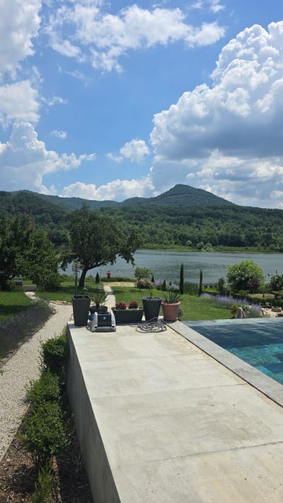 This is a vertical, medium shot photograph of a scenic lakeside landscape with a swimming pool in the foreground. The scene is set in Asparuhovo, Bulgaria. A clear blue sky with fluffy white clouds dominates the upper portion of the image. Below the sky, a lush green forest covers rolling hills that lead down to a tranquil, wide river. The foreground features a light-colored concrete patio with several potted plants. One of the plants is a tall agave, and another has red flowers. A black robotic pool cleaner is positioned on the patio, with a coiled gray hose nearby. To the left of the patio, a gravel pathway leads away, bordered by manicured green bushes and lavender plants. In the middle ground, a person in a red shirt is standing near the water's edge. The overall impression is one of a serene, well-maintained outdoor recreational area with a stunning natural backdrop.