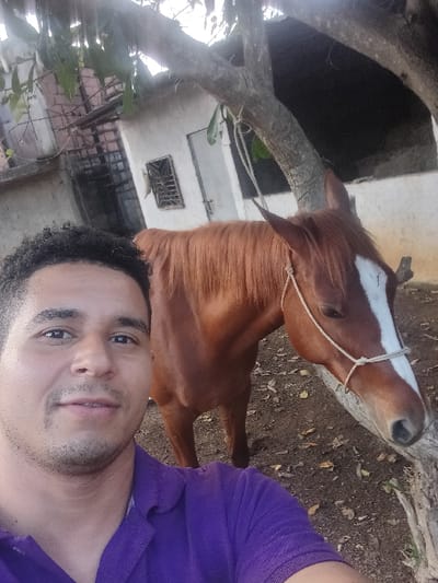 A selfie of a man with short black hair wearing a purple polo shirt. He is next to a horse with a brown coat and a white blaze on its face. The horse wears a simple rope halter. Behind them are a weathered tree branch and a building with a barred window. The scene is lit by natural light, casting shadows across the ground and the building.