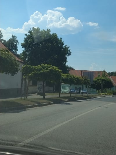 The media file depicts a street scene in Horažďovice, Czechia. The image is oriented vertically, showing a road on the right side and buildings and trees on the left. Two cars are parked along the side of the road, near a building with a light green facade. The building has a red-tiled roof and several windows. Trees with lush green foliage are planted along the sidewalk, casting shadows on the road. In the background, more buildings and trees are visible. The sky is blue with large, fluffy white clouds. The lighting suggests it is daytime, likely late morning or early afternoon, with the sun casting distinct shadows. The overall impression is that of a quiet, residential street on a clear day. There is some visible text on what appears to be a bulletin board on one of the trees, but it is not legible. The scene is calm and ordinary, with no specific event or activity taking place beyond the presence of parked cars and the natural elements.