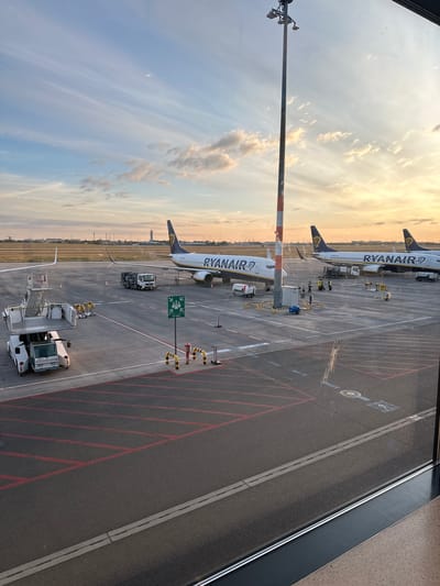 In the city of Schönefeld, Germany, at an airport, two Ryanair airplanes are parked on the tarmac. The sky is filled with wispy clouds, illuminated by the golden light of a sunset. A tall lamppost with lights stands prominently on the right side of the image. In the foreground, there is a large white vehicle, possibly a baggage loader, parked on the asphalt. Red lines mark parking spots on the tarmac. Several airport personnel in yellow vests are visible near the airplanes, attending to their duties.