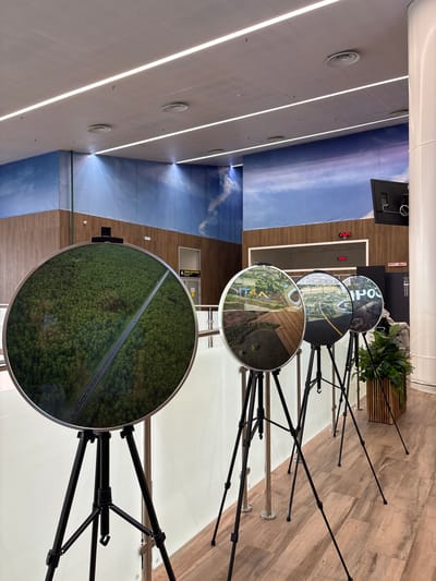 This media file shows a modern interior space, possibly an exhibition hall or museum, with a sky-themed mural on the wall. Several circular displays, mounted on black stands, are arranged in a row. Each display features a photographic image, likely aerial views, of diverse landscapes. The top display shows text that includes "PO", suggesting a brand or exhibit name. Below this, another display shows a landscape with a road and greenery, possibly indicating a rural or suburban setting. The third display from the top is a close-up of a vibrant green forest with a road running through it. The lighting in the room appears to be artificial, with long, bright fluorescent lights running along the ceiling and spotlights illuminating the mural. The floor is a light-colored wood laminate. The overall ambiance is clean, contemporary, and designed for visual presentation. There are no people visible in the image, and the activity appears to be static, focused on the displays. Two red digital clocks display "17.24" on the wall.