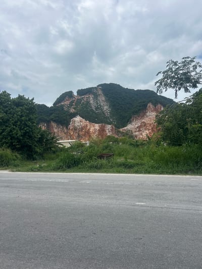 The image depicts a quarry operation on the side of a mountain, with significant excavation visible. The mountain is covered in lush green vegetation, contrasting with the exposed reddish-brown earth and white rock face of the quarry. A light-colored building, possibly a processing facility or storage unit, is situated at the base of the quarry. Tall, wild grass and some trees border the quarry and extend towards a paved road in the foreground. The sky is overcast with a thick layer of clouds. The scene appears to be located in Kampung Kepayang, Malaysia, given the tropical vegetation and mountainous terrain characteristic of the region. There are no people visible in the image, but a small, dark object, possibly a piece of discarded machinery or debris, is partially obscured by the grass on the left side of the frame. The overall impression is one of industrial activity within a natural landscape.