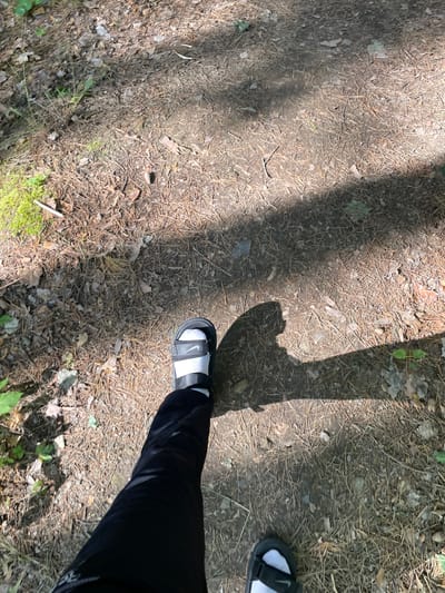 The image shows a person's legs and feet walking on a dirt path covered with pine needles and leaves. The person is wearing black pants and black sandals with white socks. Sunlight casts shadows across the path, indicating it is daytime and likely outdoors in a wooded or park area. The location is specified as Nikolaevka, Russia.