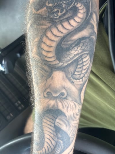 The image presents a close-up view of a person's forearm, heavily adorned with a black and grey tattoo sleeve, while inside what appears to be a car. The forearm, light-skinned and covered with fine hair, is positioned in the foreground.
The tattoo is intricate, depicting a large, scaled creature, likely a dragon or serpent, with detailed patterns and curving body segments. Parts of what resembles a head or face with an ear-like shape are visible. The design utilizes varying shades of grey to create depth and texture, covering most of the visible arm.
Above the arm, a section of olive green or army green fabric, presumably a shirt, is visible. To the right, elements of a car's black interior are discernable, including a portion of a steering wheel and possibly dashboard components in the lower background. The bright, direct lighting suggests it is daytime. There is no visible text in the image. The provided context indicates the location is Verinsko, Bulgaria.