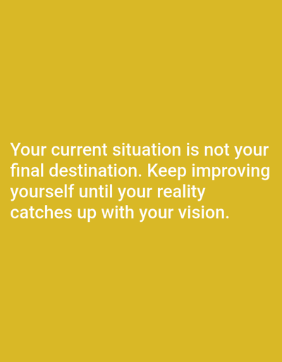 The image displays a motivational quote in white text against a solid yellow background. The quote reads: "Your current situation is not your final destination. Keep improving yourself until your reality catches up with your vision." There is no discernible location or context related to Dogon Dinia, Nigeria, within the image itself.