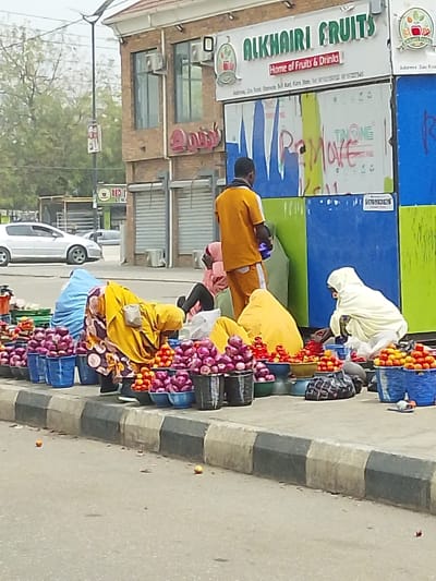 The image displays a street-side market scene in Gyadi Gyadi Arewa, Nigeria, specifically near Zoo Road, Kano State. Five individuals are present, engaged in selling or arranging produce on a concrete pavement adjacent to a two-story brick building.
The building features a prominent sign that reads "ALKAHAIRI FRUITS Home of Fruits & Drinks," with an address indicating "Zoo Road, Oppositte Multi Maro, Kano State." Below this sign, colorful panels (blue, green, and yellow) are visible, some defaced with red graffiti, including the word "REMOVE." The building's ground floor has several metal roll-down shutters.
On the pavement, a variety of produce is displayed in numerous blue, black, and green plastic buckets and bowls. These include substantial quantities of red onions and smaller, round red or orange fruits, possibly tomatoes or tangerines. The items are arranged in rows along a black and grey striped curb that separates the pavement from an asphalt road.
Among the individuals, a man in an orange shirt and shorts stands with his back to the camera, positioned near the colorful panels. Four women are visible among the produce displays. One woman, dressed in a yellow head covering and patterned garment, is bending over the items. Another woman, in light blue attire, is seated or kneeling beside a pile of produce. A third woman, wearing a light cream or white head covering, is also crouched near the merchandise. A fourth woman in a pink top is partially visible behind the man.
In the background, a white sedan is parked on the street. A tall street light pole with a solar panel is visible on the left. Several pieces of loose produce are scattered on the asphalt road near the curb. The sky is overcast.