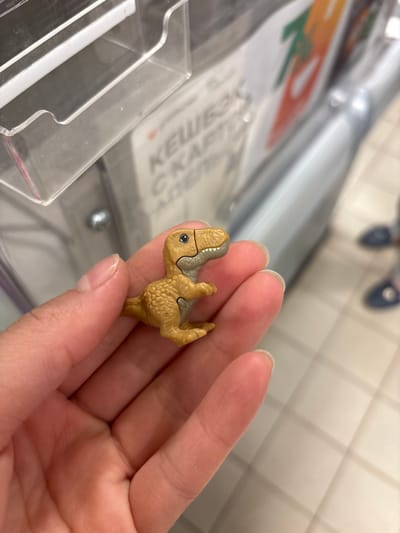 A close-up, over-the-shoulder view shows a person's hand holding a small, tan toy dinosaur. The dinosaur is in focus, with intricate detailing like its eyes, teeth, and textured skin. The background is blurred, suggesting an indoor environment, possibly a retail setting. The floor tiles in the background are visible, along with hints of shelves and signage. The person's fingers are gently cupping the dinosaur, and their fingernails are neat and clean. The lighting is bright, casting a soft glow on the scene. The image appears to be taken in Novaya Usman, Russia.