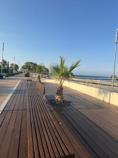A seaside promenade in Pervolia, Cyprus, features a wooden deck with benches and palm trees. A paved walkway runs parallel to the deck, and a person is seen walking in the distance. The sea is visible beyond a railing. Streetlights line the walkway. The sky is clear and blue.