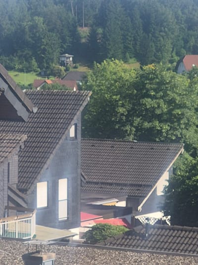 The image shows a view of rooftops and trees in Bergneustadt, Germany. In the foreground, there are several tiled roofs, some with visible chimneys. In the middle ground, there are more rooftops and parts of buildings, including windows and what appears to be a white railing. Behind these buildings, a dense forest covers the hills. In the distance, a small, light-colored house with a flat roof is visible among the trees. The sky is not visible in the frame.