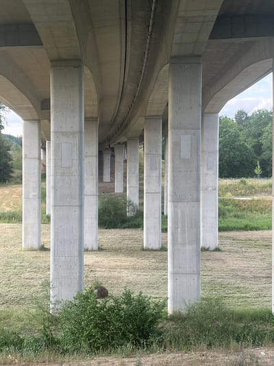 The image shows the underside of a large concrete overpass in Momberg, Germany. The overpass is supported by multiple thick, cylindrical concrete pillars, each with rectangular indentations or panels. The ground beneath the overpass is covered in mown grass. In the middle ground, there is a dark, round object which appears to be a clump of earth or a small boulder. Beyond the overpass, there is a line of green trees and a cloudy sky. The scene is quiet and appears to be in a rural or semi-rural area. There are no people or animals visible in the immediate vicinity, apart from the unidentified round object.